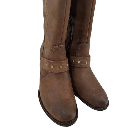BORN Women's Brown Soft Leather Knee High Harness Boots Size 8 NIB Brass Studs - Picture 1 of 8